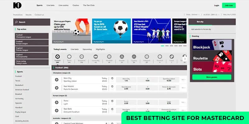 10Bet bookmaker for MasterCard - home page