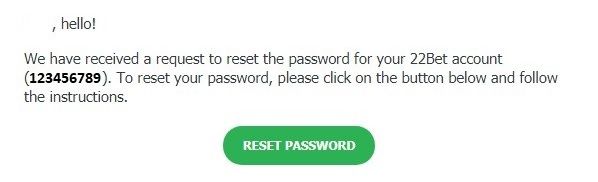 22bet Password reset window
