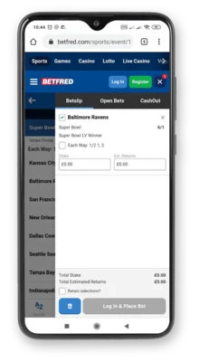 Betfred football page with bet slip