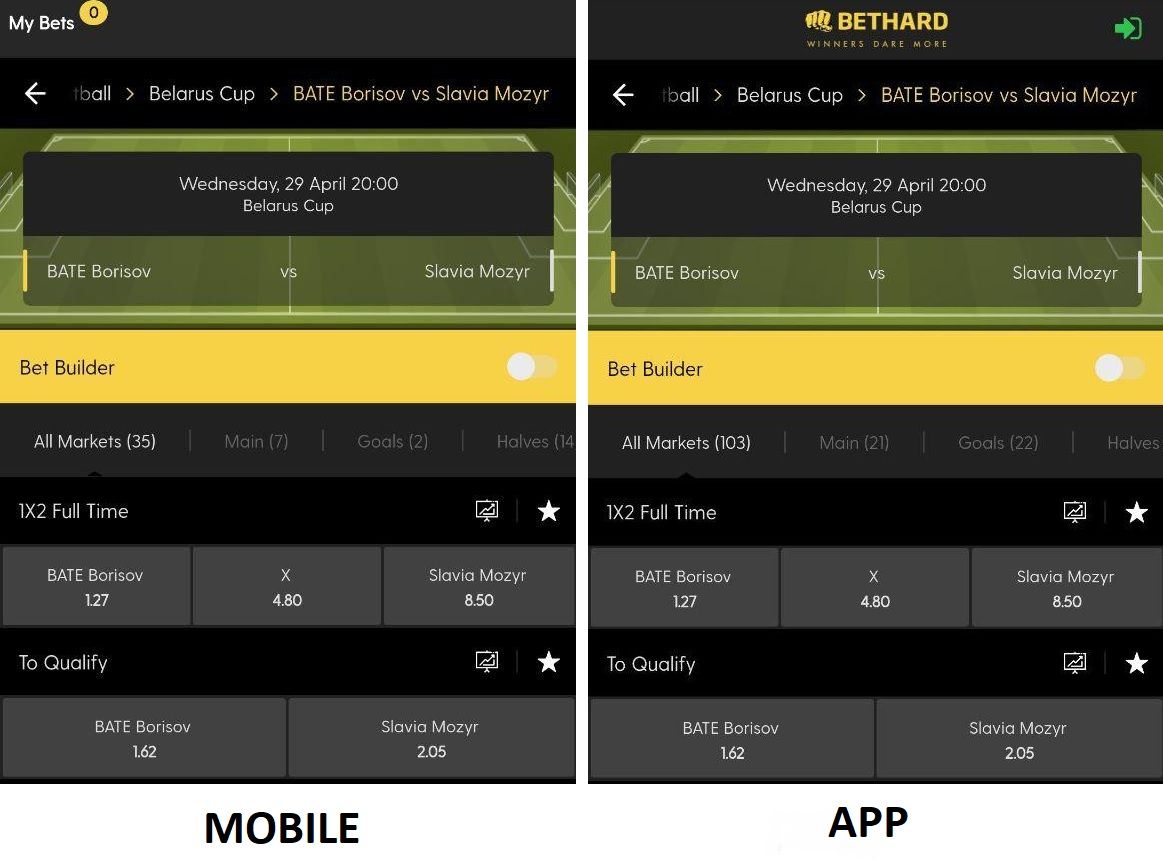 bethard interface mobile vs app
